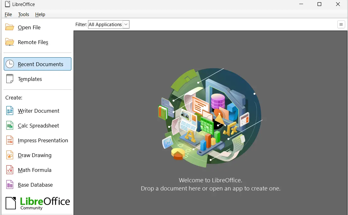 Imagen: Men&uacute; de inicio en LibreOffice:
