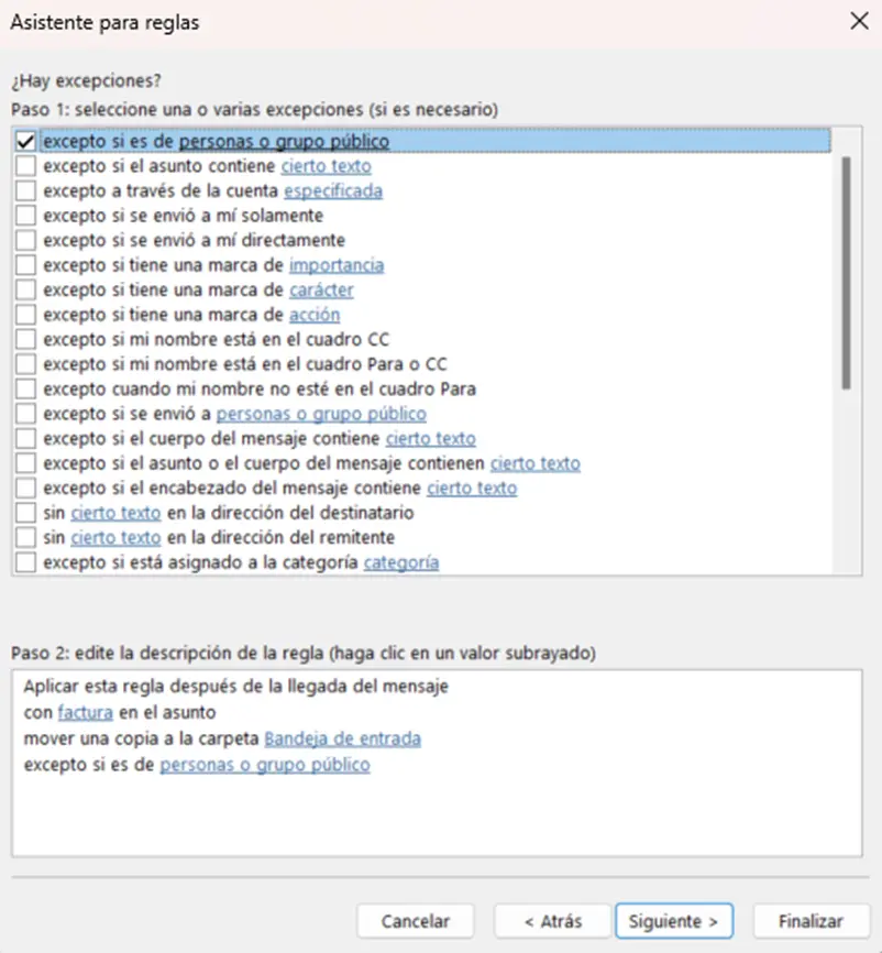 Asistente para reglas en Outlook: selección de las excepciones de condiciones Imagen: Asistente para reglas en Outlook: selección de las excepciones de condiciones