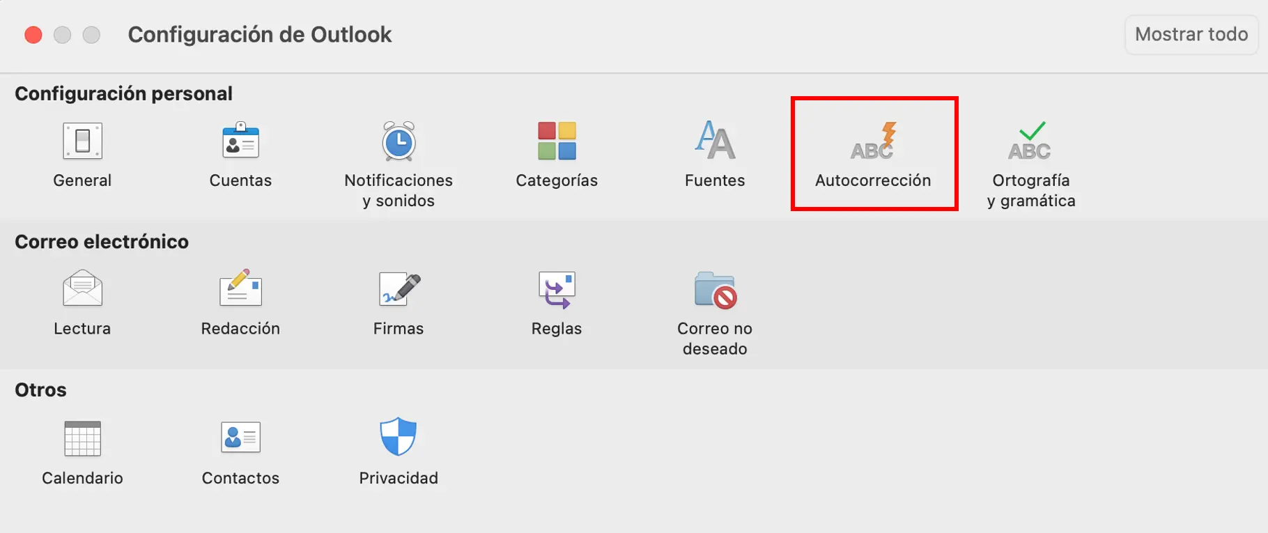 Outlook para Mac: opción de menú “Autocorrección” en la configuración de Outlook Imagen: Outlook para Mac: opción de menú “Autocorrección” en la configuración de Outlook