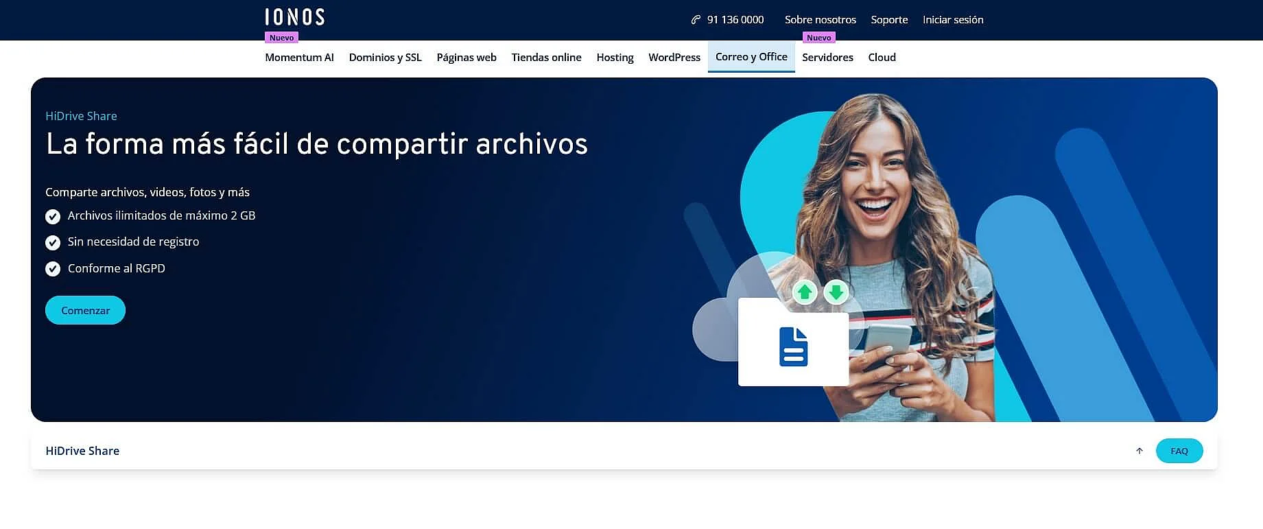 Captura de pantalla de la página web de HiDrive Share Imagen: Captura de pantalla de la página web de HiDrive Share
