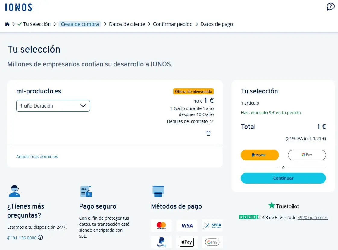 Imagen: Captura de pantalla de la cesta de compra de IONOS