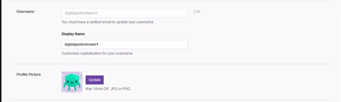 Imagen: Twitch-Stream: nombre público e imagen de perfil