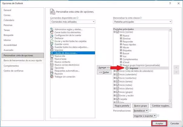 Ventana de Opciones de Outlook con un nuevo grupo y el comando “Imprimir”