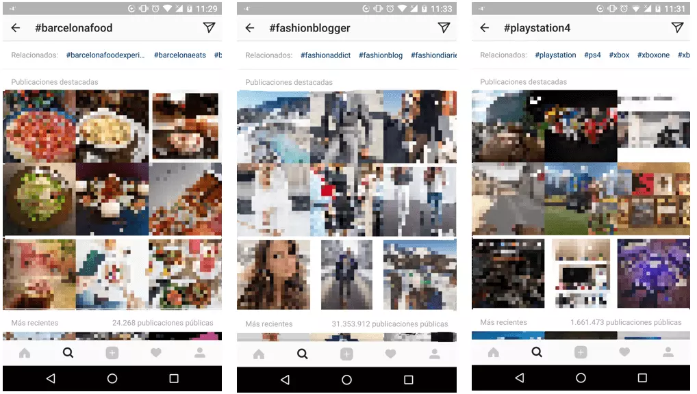 Imagen: Resultados de búsqueda del hashtag #barcelonafood, #fashionblogger, #playstation4 en la app de Instagram