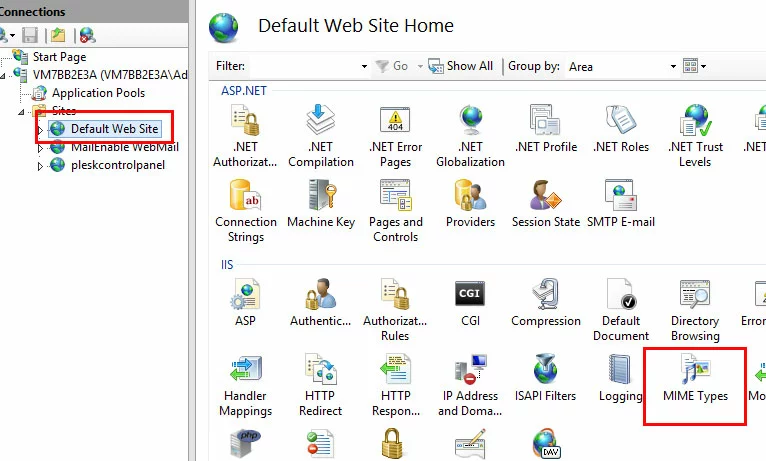 IIS Manager: símbolo “MIME Types” IIS Manager: símbolo “MIME Types”