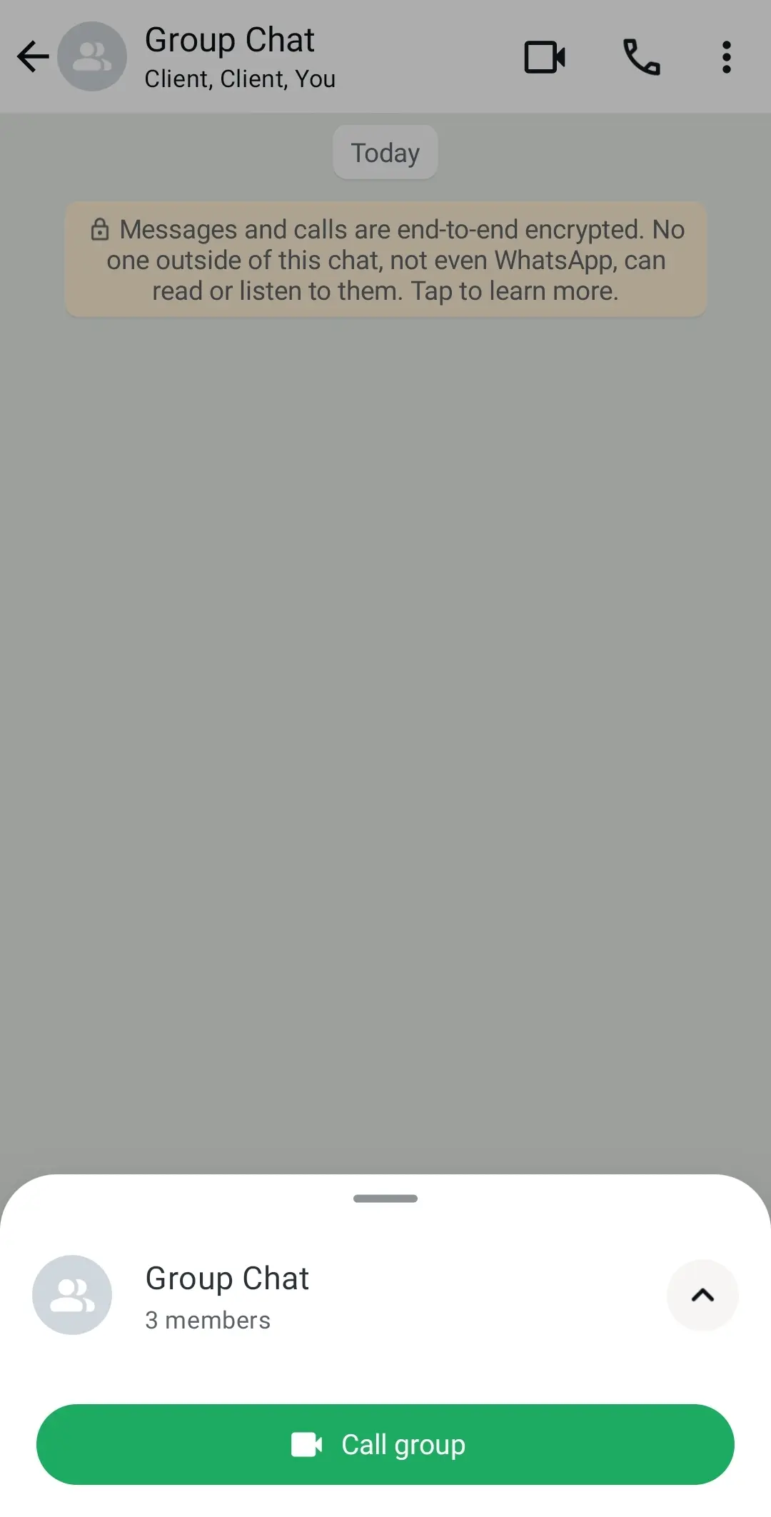 WhatsApp: icono de la cámara y del auricular para iniciar la llamada en un chat de grupo Imagen: WhatsApp: icono de la cámara y del auricular para iniciar la llamada en un chat de grupo