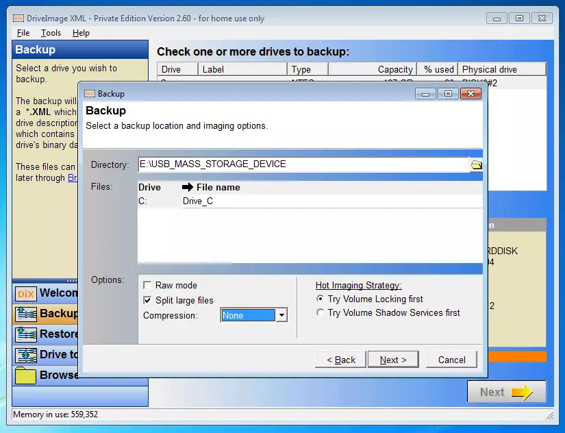Imagen: DriveImage XML 2.60: menú para la selección de opciones de imagen