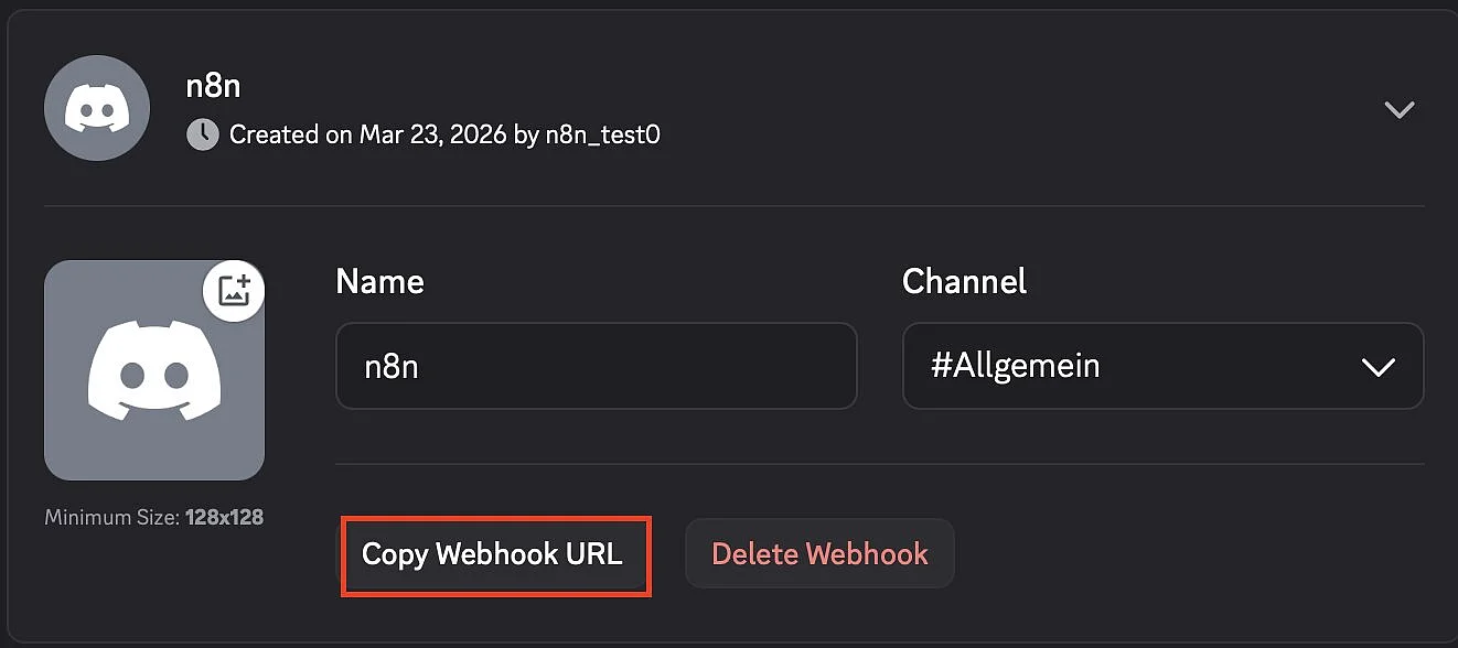 Copiar la URL del webhook en Discord Imagen: Copiar la URL del webhook en Discord