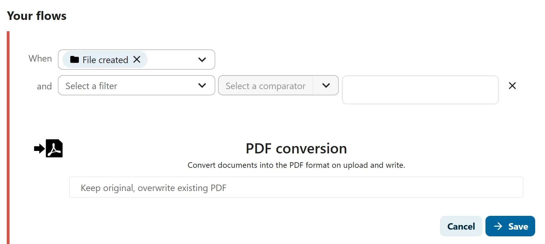 Flujo de trabajo configurado en Nextcloud para la conversión a PDF Imagen: Flujo de trabajo configurado en Nextcloud para la conversión a PDF