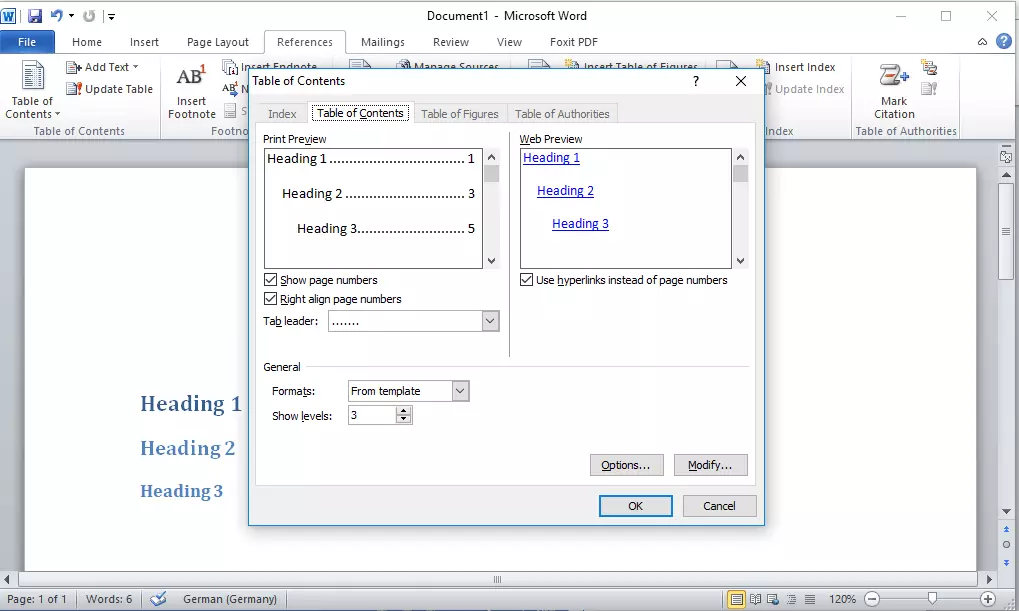 Imagen: Microsoft Word 2016: cuadro de diálogo “Tabla de contenido” para configurar un índice definido por el usuario