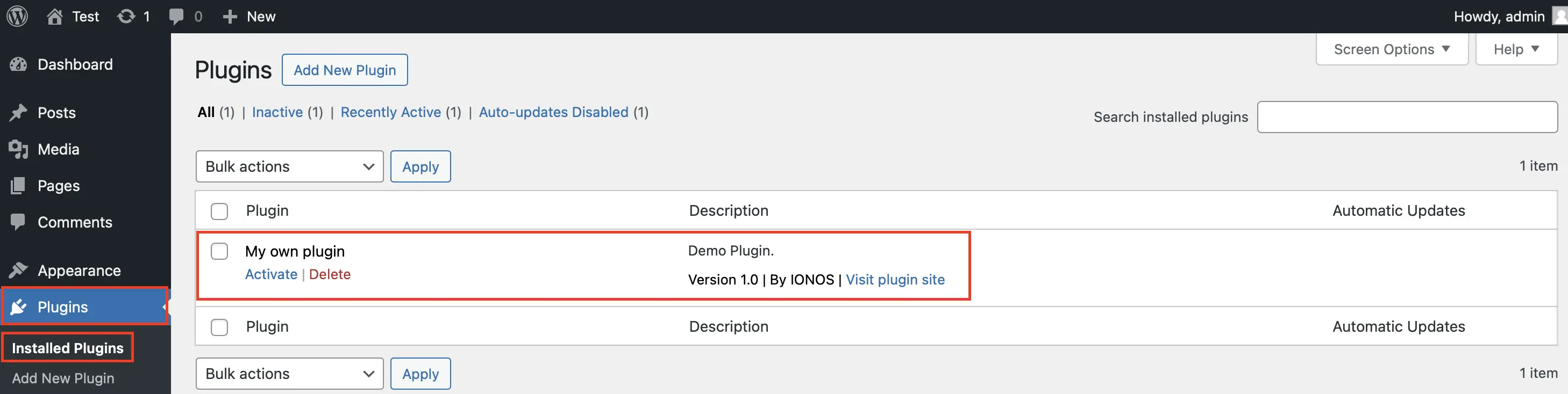 Tu propio plugin aparece de inmediato en el backend de WordPress. Imagen: Tu propio plugin aparece de inmediato en el backend de WordPress.