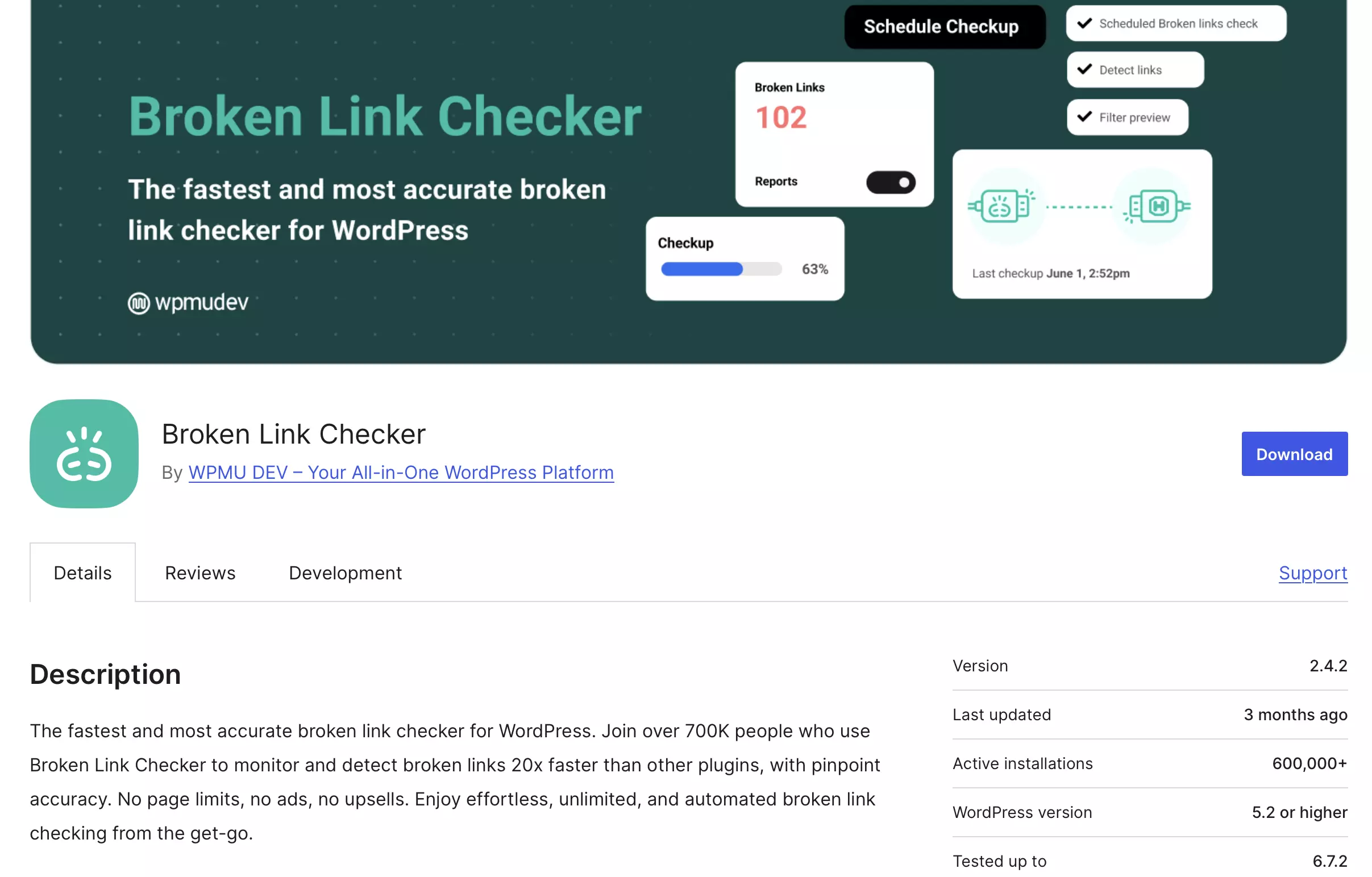 Wordpress.org: página de descripción del plugin Broken Link Checker Imagen: Wordpress.org: página de descripción del plugin Broken Link Checker
