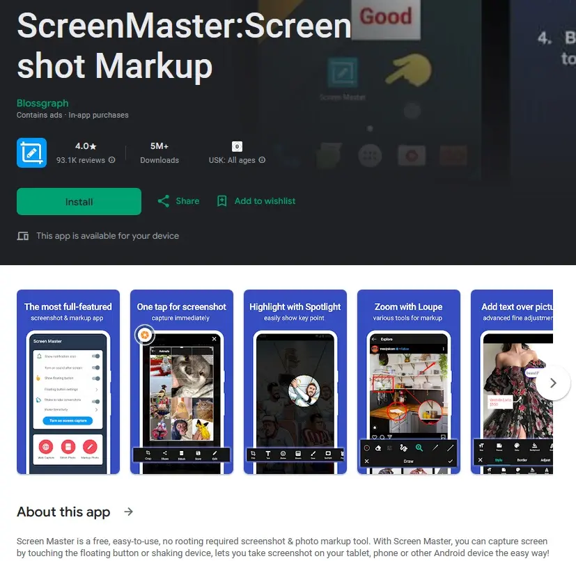 Imagen: App de screenshots Screen Master en Google Play Store