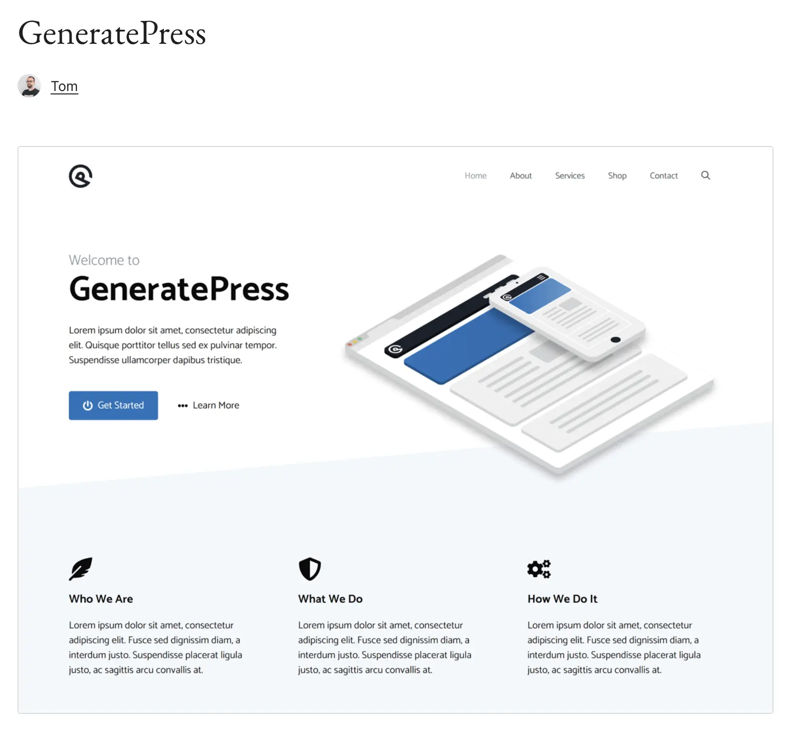 Imagen: Vista previa de la plantilla GeneratePress de WordPress en WordPress.org