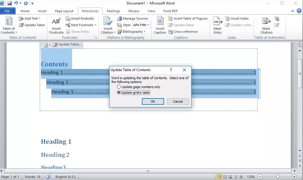 Imagen: Microsoft Word 2016: cuadro de diálogo antes de actualizar el índice preconfigurado