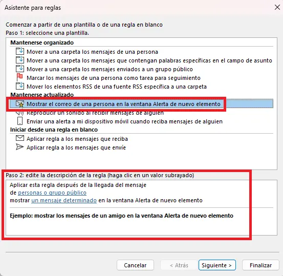 Asistente para reglas en Outlook: selección de plantilla de reglas Imagen: Asistente para reglas en Outlook: selección de plantilla de reglas