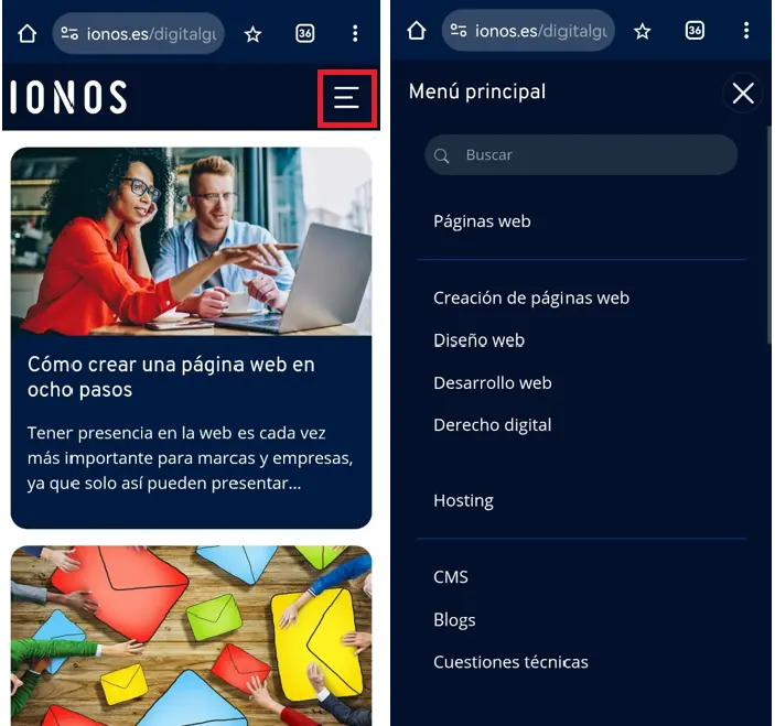 Imagen: Menú de lista en la Digital Guide de IONOS