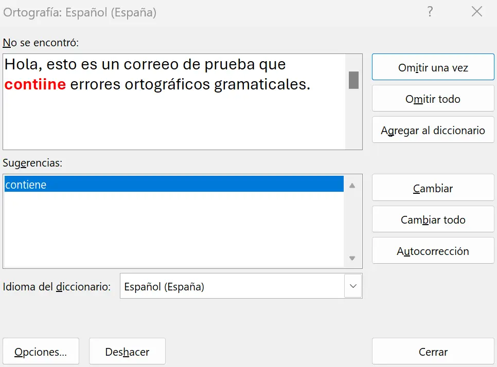 Imagen: Mensaje del corrector ortográfico automático de Outlook