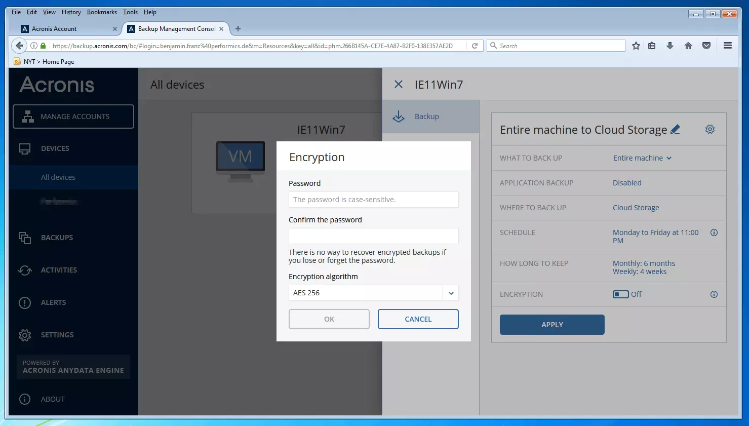 Imagen: Consola de gestión de copias de seguridad de Acronis Backup 12.5: ventana de diálogo para introducir una contraseña para la encriptación de una copia de seguridad