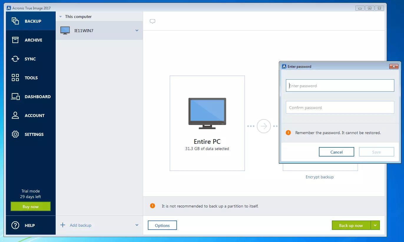 Imagen: Acronis True Image 2017: cuadro de diálogo donde introducir una contraseña para el cifrado del backup
