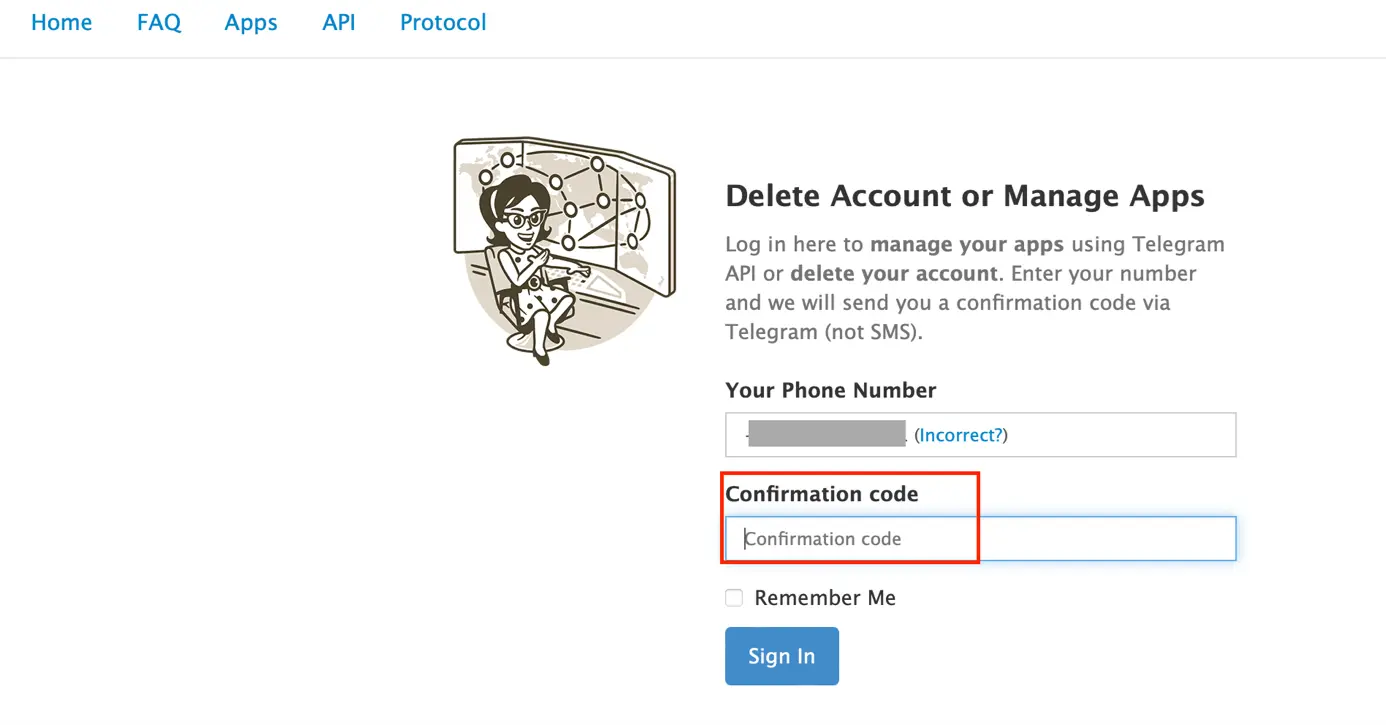 En el navegador: inserta el código en la página de Telegram Imagen: En el navegador: inserta el código en la página de Telegram