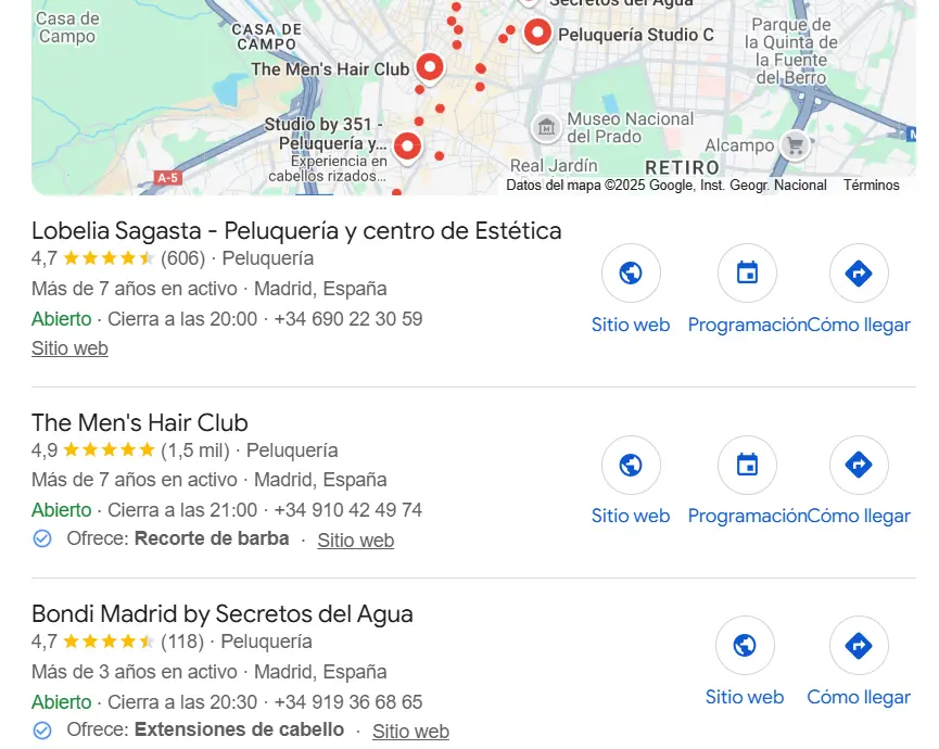 Imagen: SEO local en Google: resultados de la búsqueda “peluquería centro de madrid”