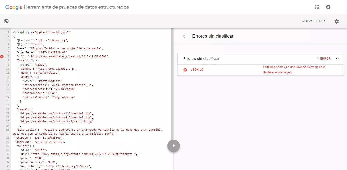 Google Structured Data Testing Tool tras la validación: se ha detectado un error de sintaxis