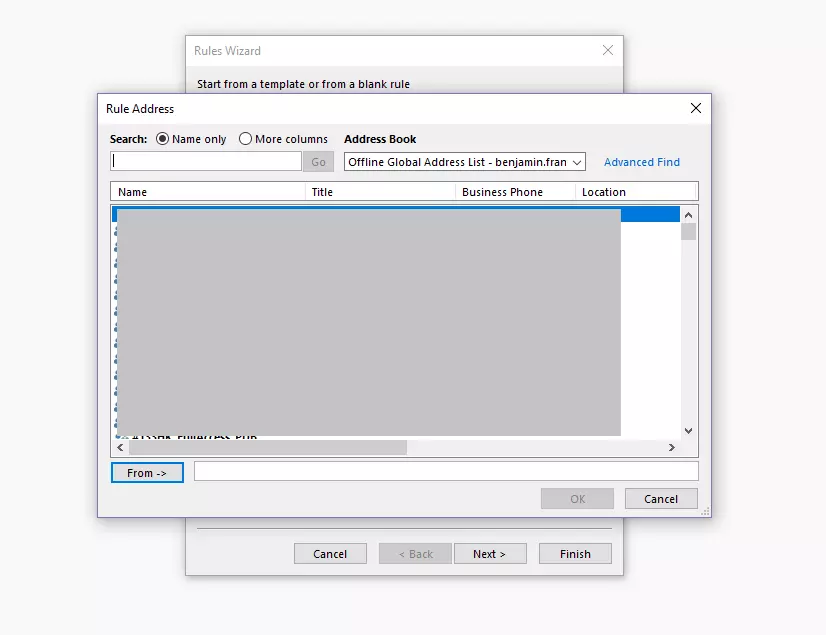 Asistente para reglas en Outlook: selección de dirección del remitente