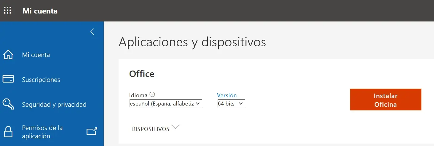 “Aplicaciones y dispositivos” en la interfaz de Microsoft 365 Imagen: “Aplicaciones y dispositivos” en la interfaz de Microsoft 365