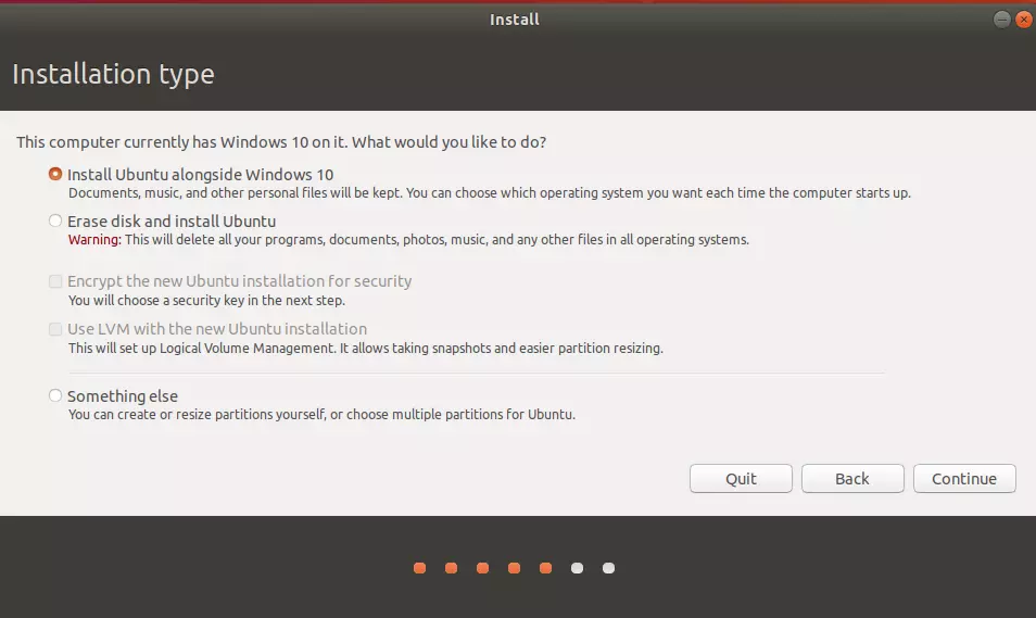 Imagen: Tipo de instalación de Ubuntu: sistema en paralelo o sistema operativo único