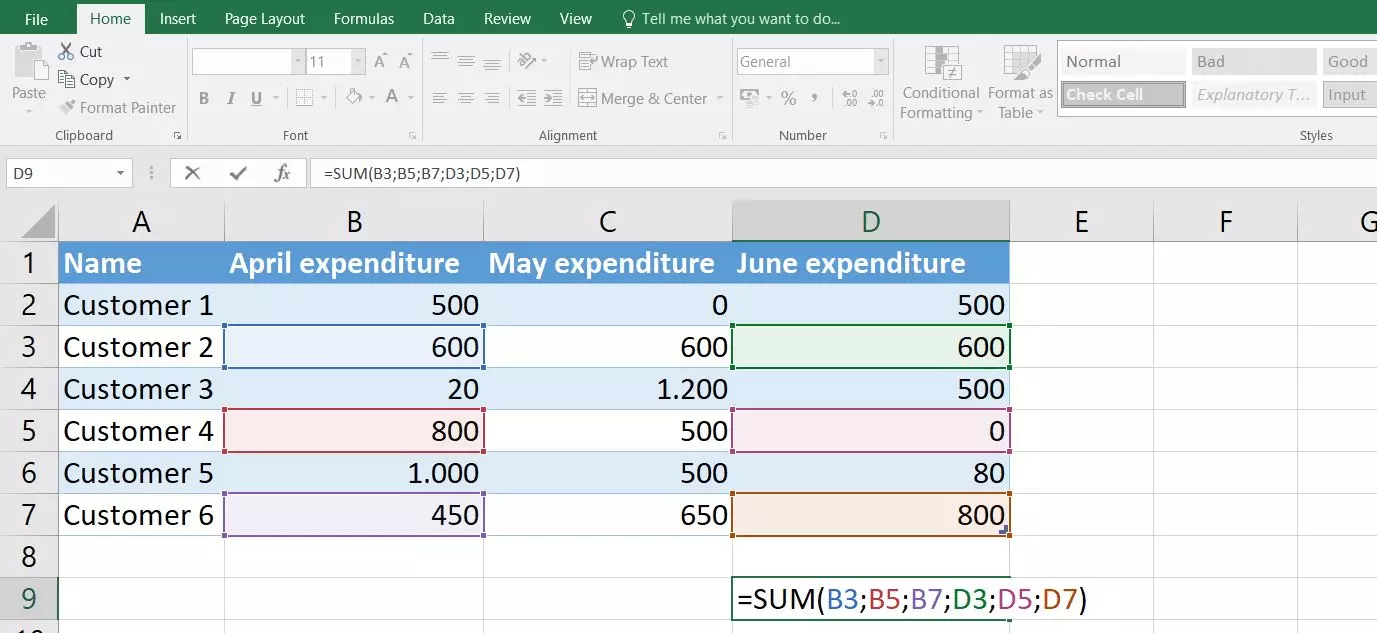 Imagen: Excel 2016: fórmula de SUMA con seis argumentos