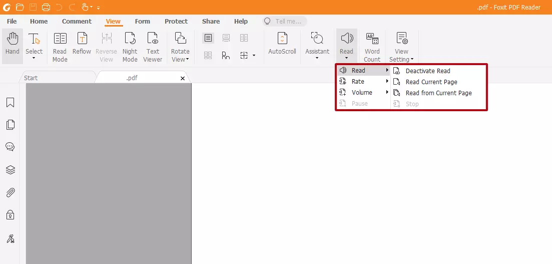Imagen: Foxit PDF Reader: otras acciones después de activar la reproducción de voz en “Leer”