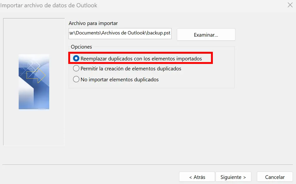Imagen: Opción en el asistente de Outlook que evita la creación de duplicados