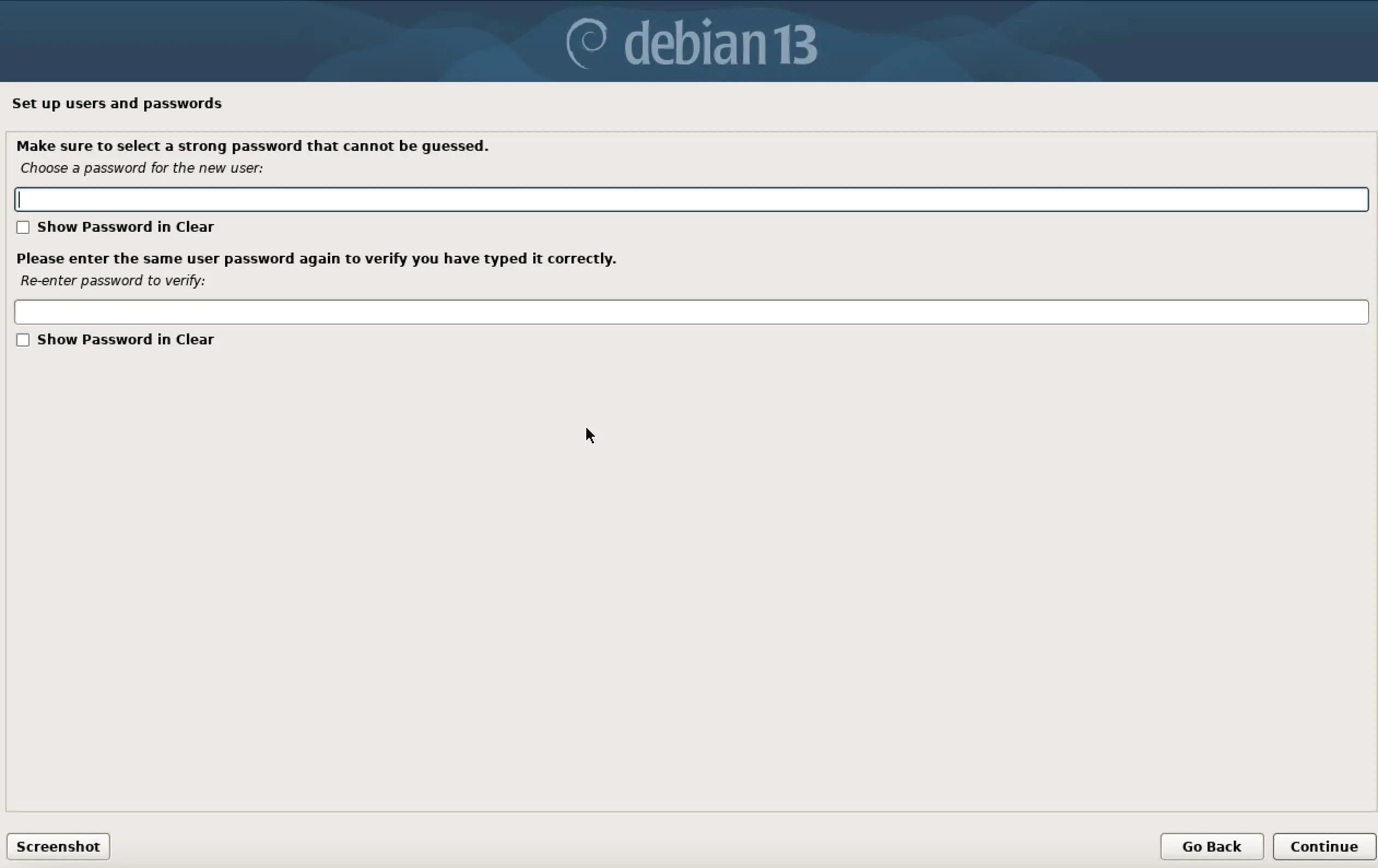 Imagen: Captura de pantalla de la instalaci&oacute;n de Debian 13: asignar contrase&ntilde;a al usuario