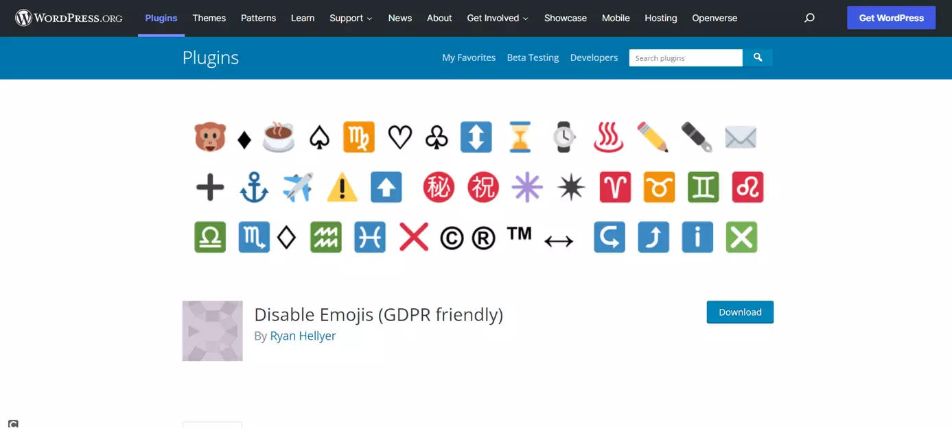 Imagen: Página de inicio del plugin Disable Emojis