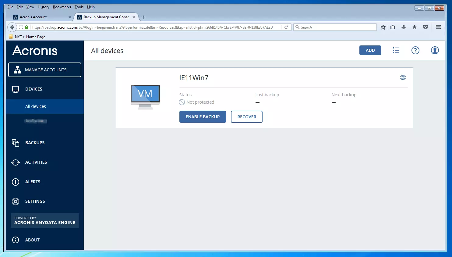 Imagen: Administración de dispositivos de la consola de gestión de copias de seguridad de Acronis Backup 12.5