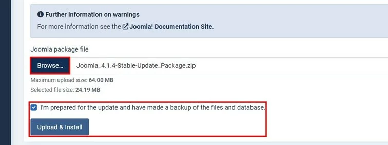Imagen: Joomla update: Uploading the Joomla package file in the backend