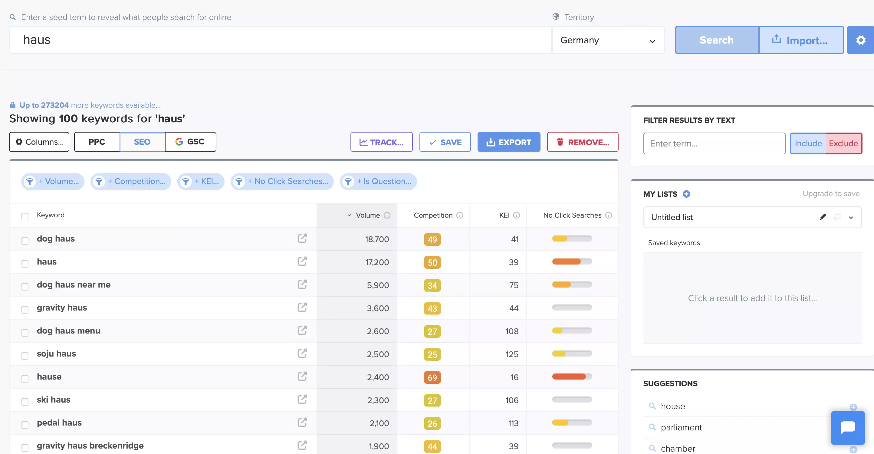 Wordtracker: sugerencias y vista previa SERP para “haus” Imagen: Wordtracker: sugerencias y vista previa SERP para “haus”