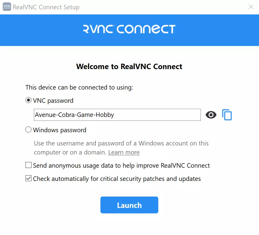 RealVNC Server Setup Imagen: RealVNC Server Setup