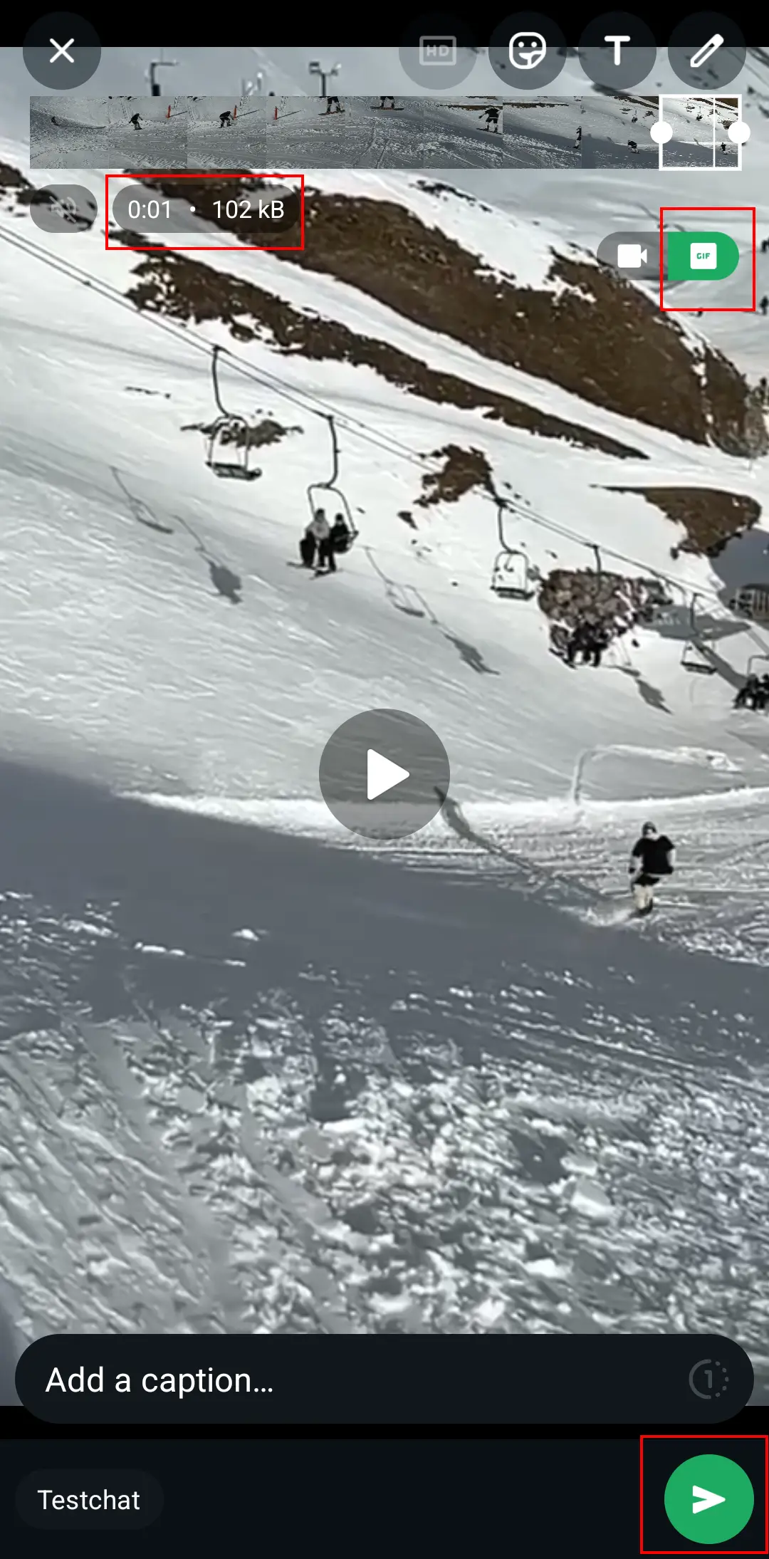 Captura de pantalla en Android de la edición de vídeo en WhatsApp con el botón GIF Imagen: Captura de pantalla en Android de la edición de vídeo en WhatsApp con el botón GIF