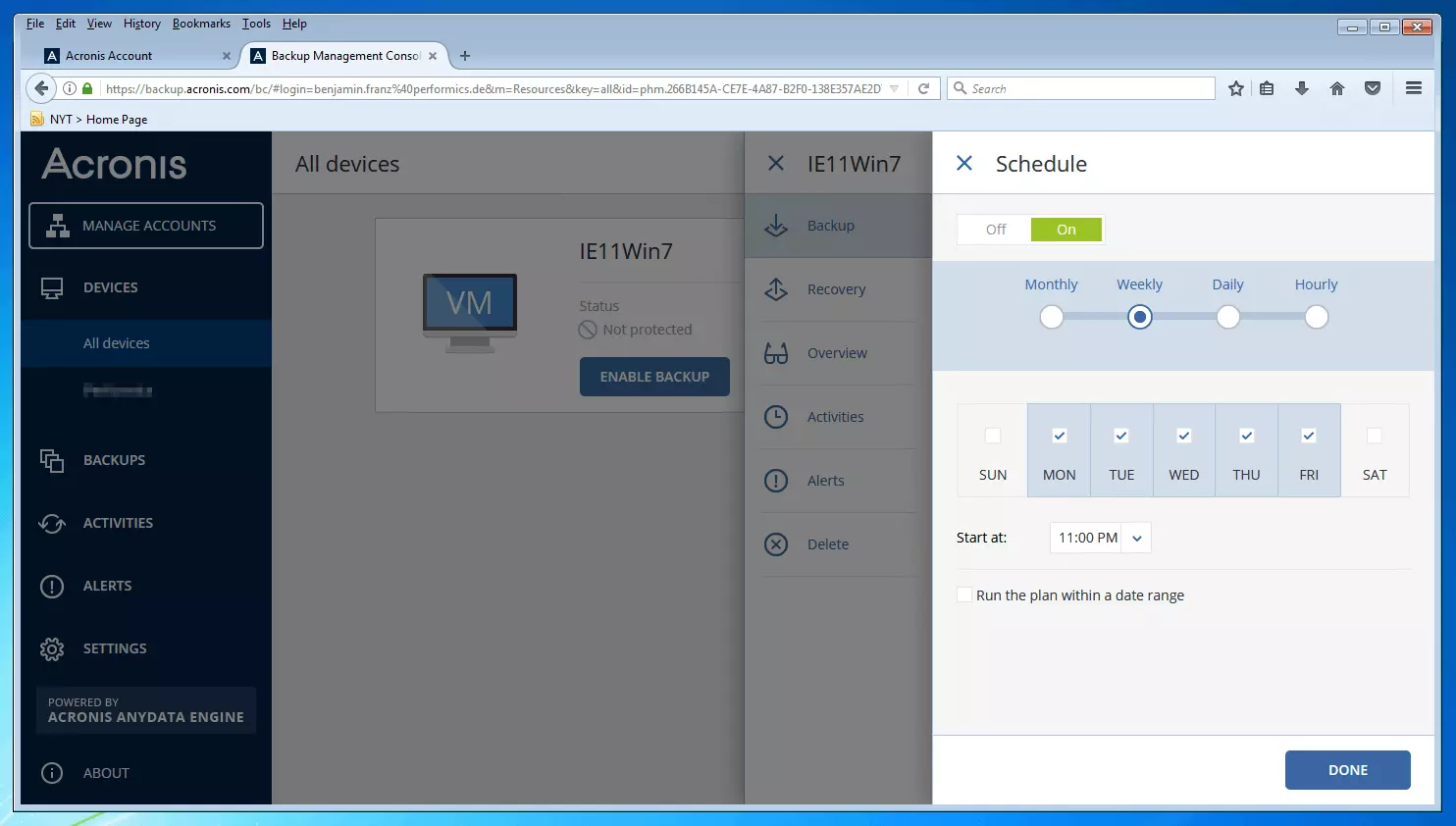 Imagen: Consola de gestión de copias de seguridad de Acronis Backup 12.5: menú para la creación de calendarios para establecer la creación de backups