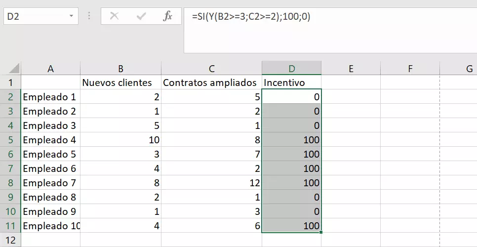 Imagen: Tabla de Excel de ejemplo con valores de retorno.