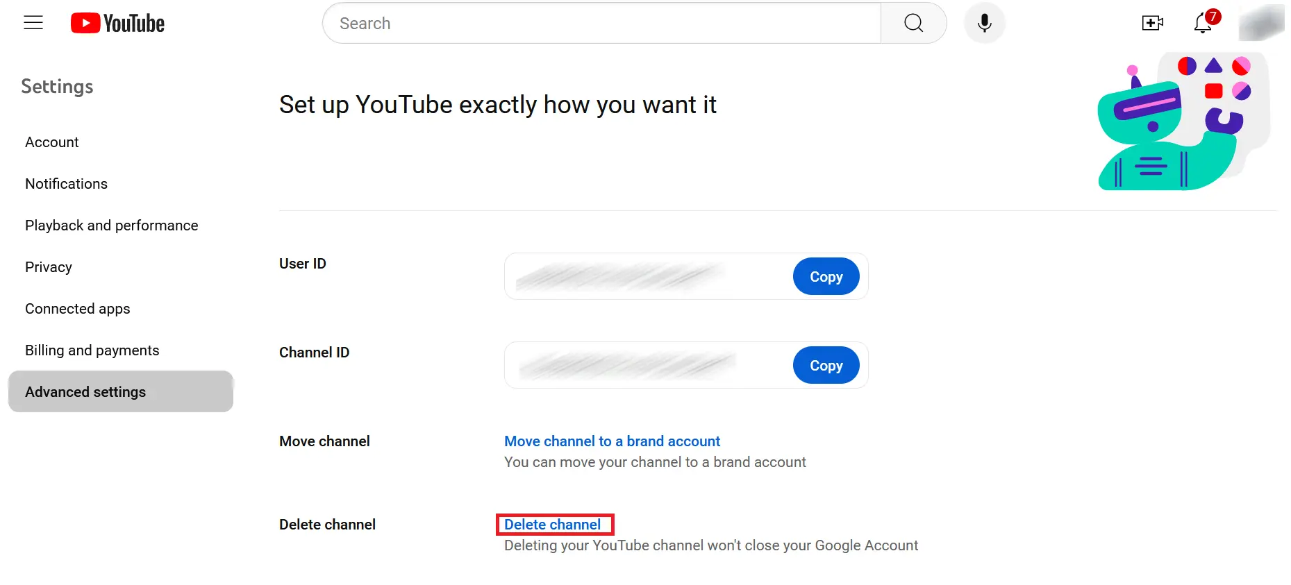 Imagen: “Eliminar canal” en los ajustes avanzados de YouTube