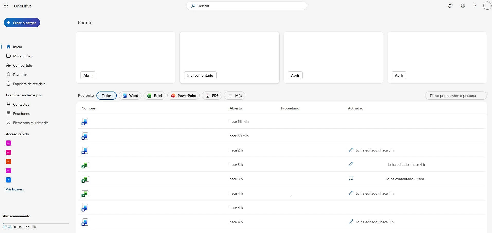 Imagen: Captura de pantalla del menú de OneDrive con una cuenta de Microsoft