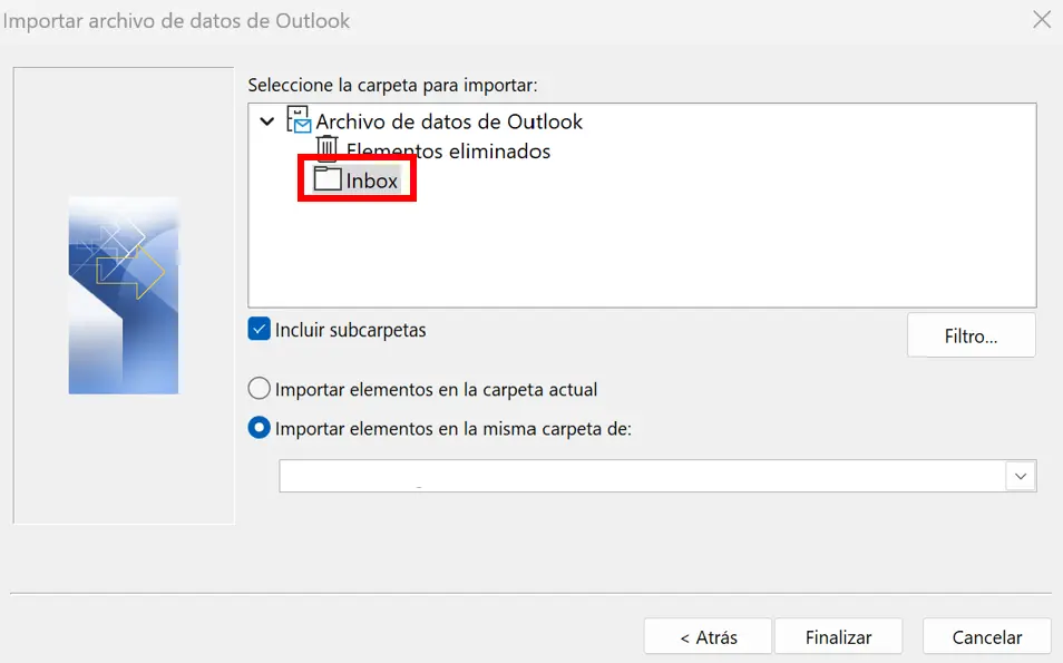 Imagen: Asistente: selección de archivo de datos de Outlook con opciones de importación
