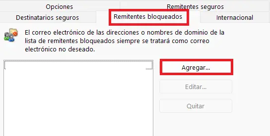 Imagen: Lista de remitentes bloqueados en Outlook