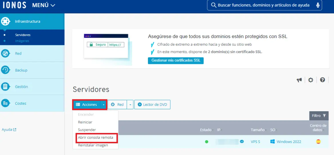 Abrir la consola remota en el Cloud Panel de IONOS Imagen: Abrir la consola remota en el Cloud Panel de IONOS