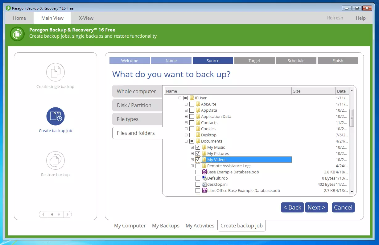 Imagen: Paragon Backup & Recovery 16 Free: selección de archivos para crear una copia de seguridad