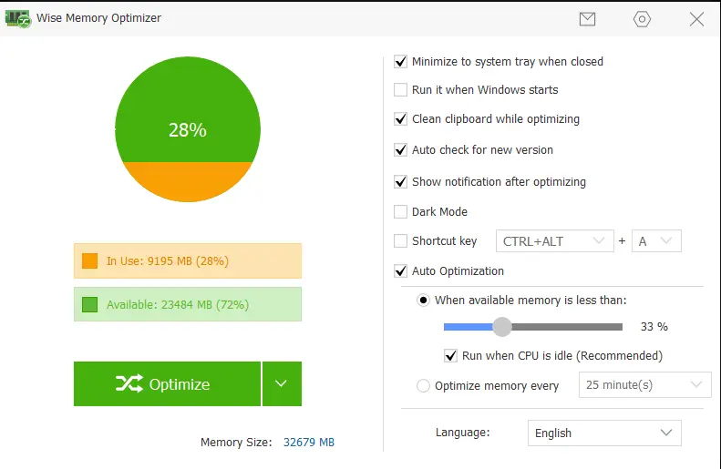 Captura de pantalla de Wise Memory Optimizer Imagen: Captura de pantalla de Wise Memory Optimizer