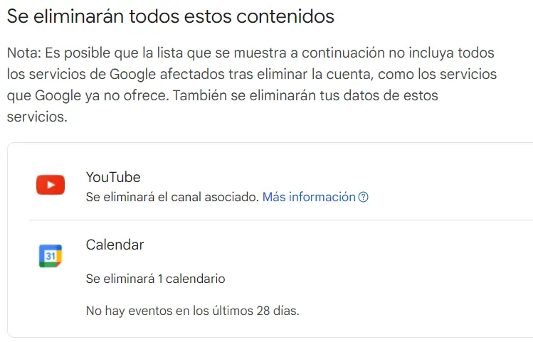 Imagen: Listado de archivos y contenidos que se eliminan al cerrar una cuenta de Google